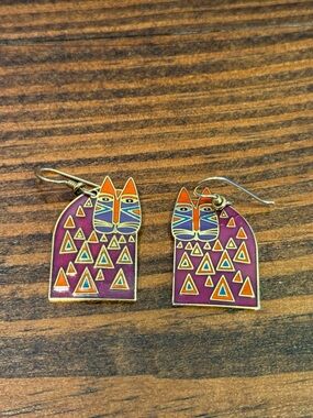 Laurel Burch Vintage Retired " Wild Cat" Design Dangle Earrings Signed